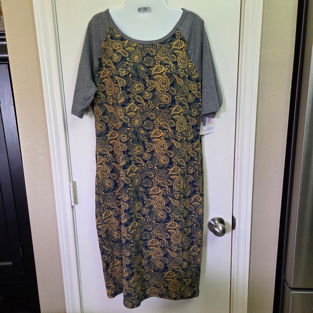 LuLaRoe Julia Dress Large NWT Navy Yellow Paisley Grey  Short Sleeve Sheath